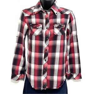 Kill City Conspirators Woman Red Black Plaid Button Down Shirt Size XS